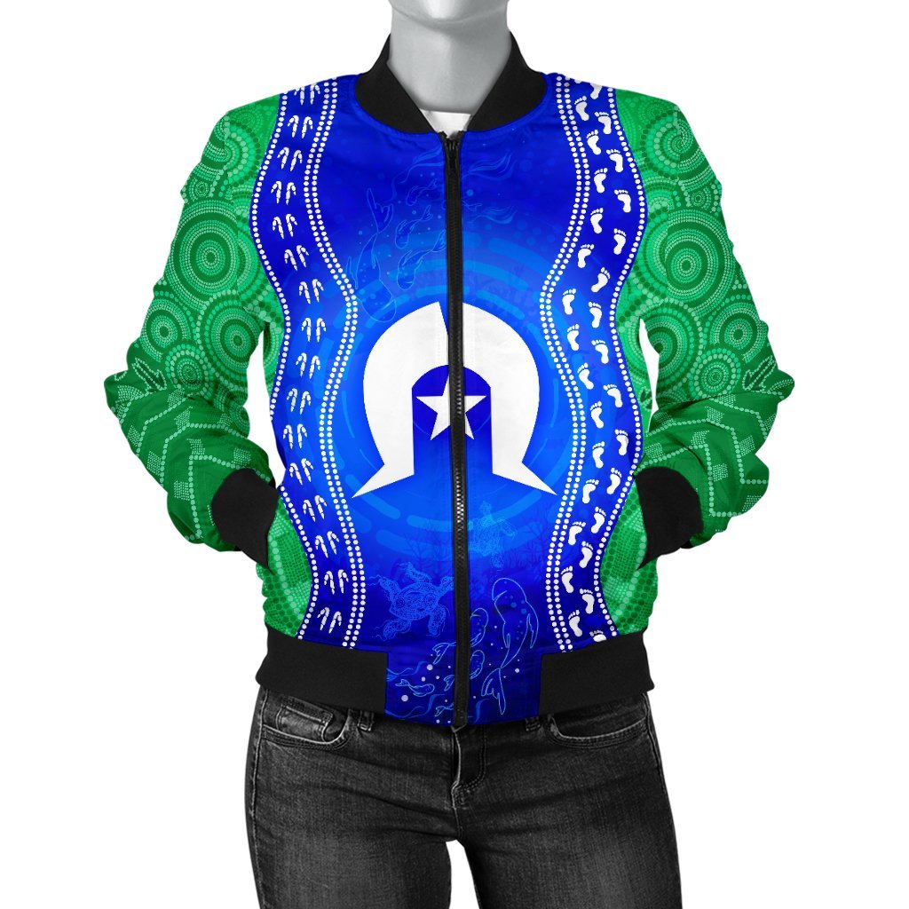 Torres Strait Islanders Women's Bomber Jacket - Torres Symbol With Aboriginal Patterns - Vibe Hoodie Shop