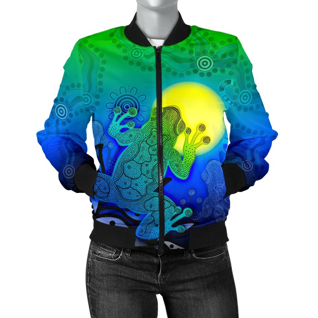 Aboriginal Women's Bomber Jacket - Indigenous Frog (Blue) - Vibe Hoodie Shop