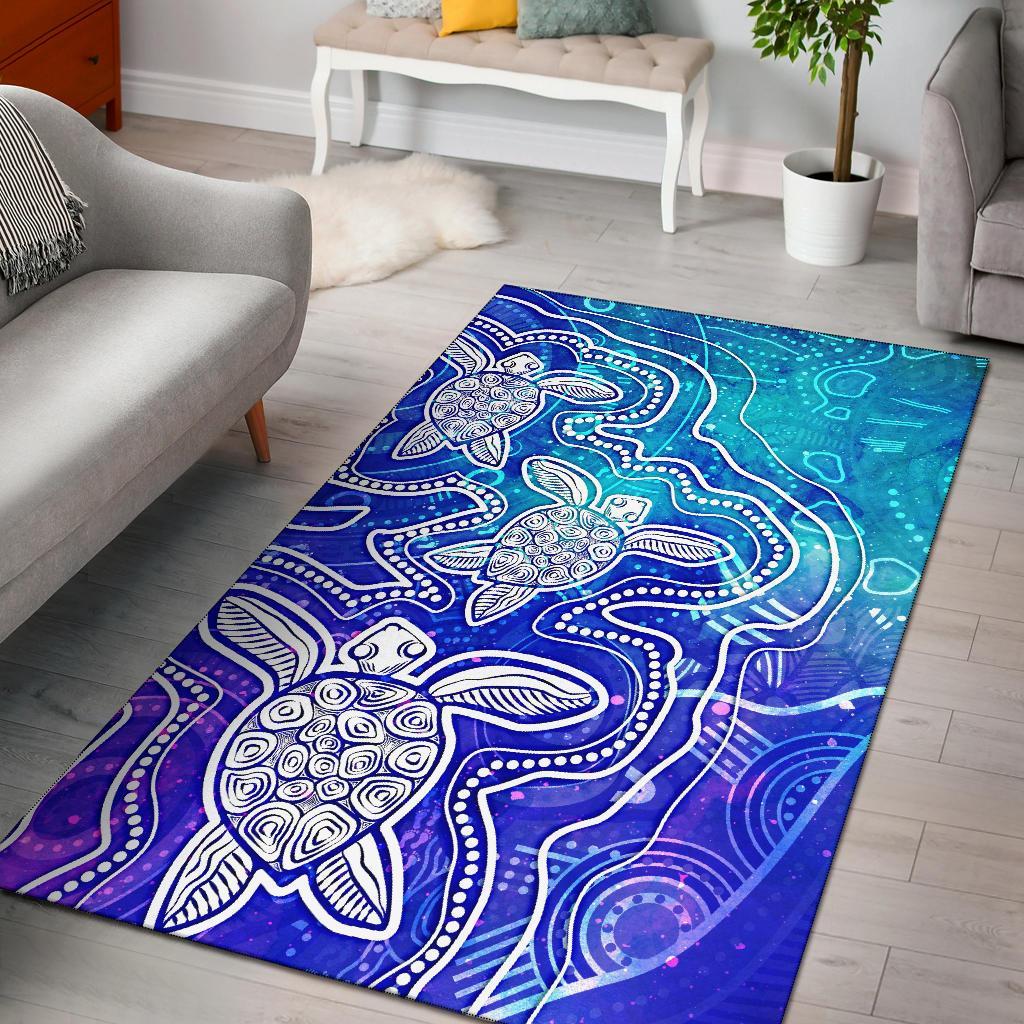 Aboriginal Area Rug - Sea Turtle With Indigenous Patterns (Blue) - Vibe Hoodie Shop