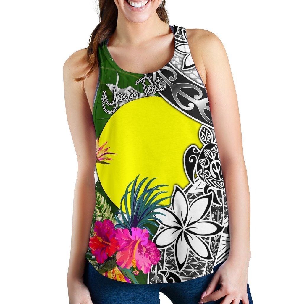 Palau Custom Personalised Women's Racerback Tank White - Turtle Plumeria Banana Leaf - Vibe Hoodie Shop