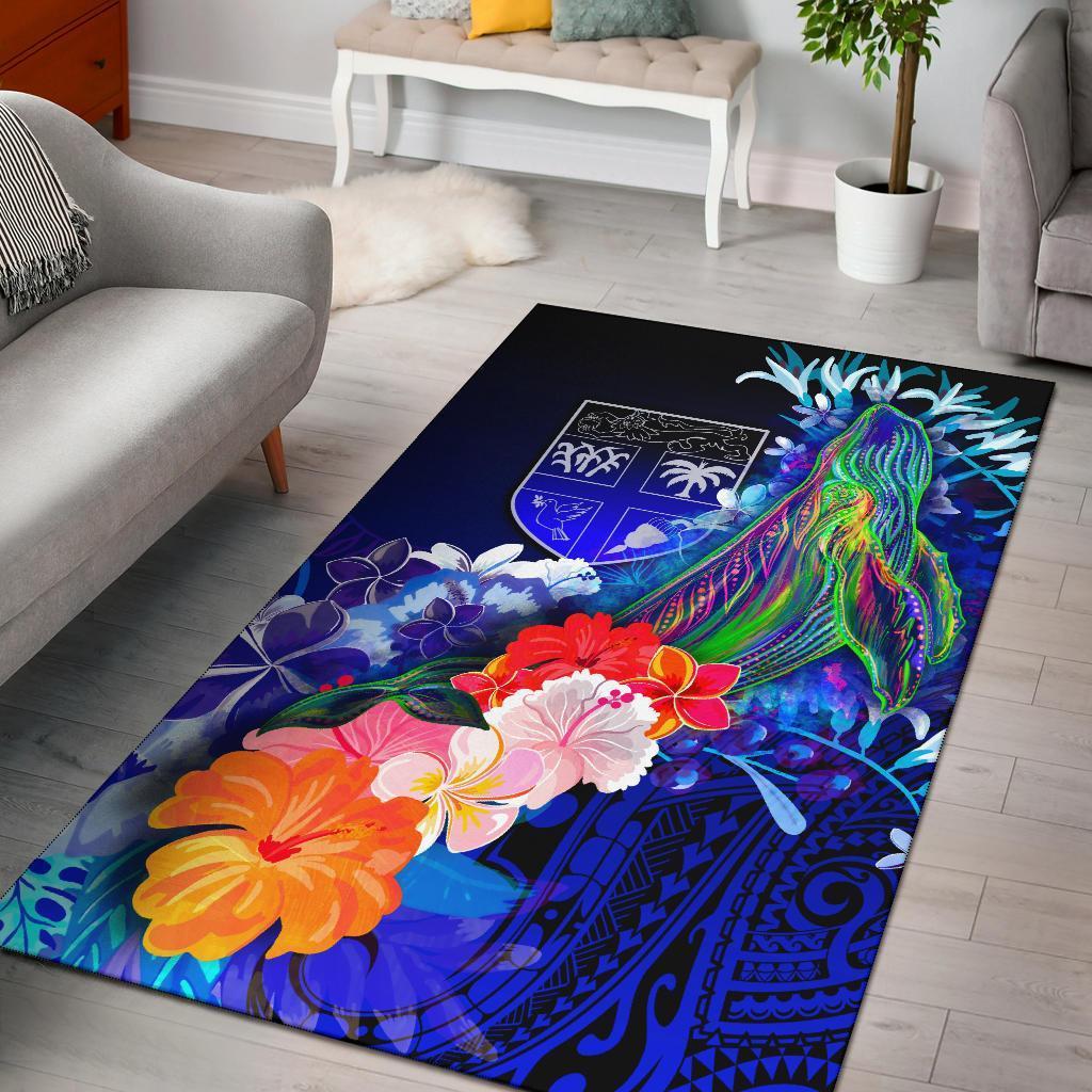 Fiji Area Rug - Humpback Whale with Tropical Flowers (Blue) - Vibe Hoodie Shop