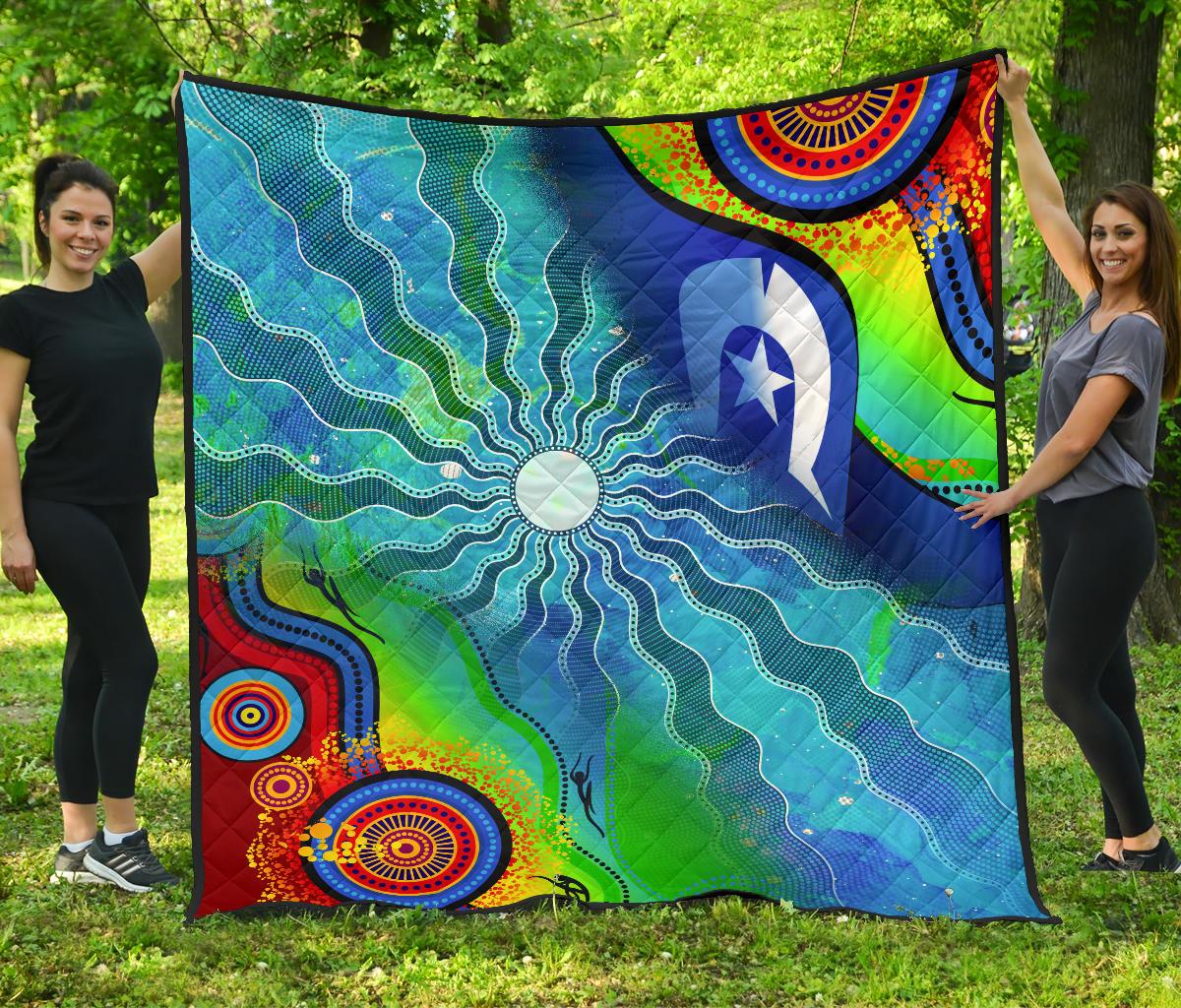 Premium Quilt Torres Strait Islanders Flag with Aboriginal Patterns Quilt - Vibe Hoodie Shop