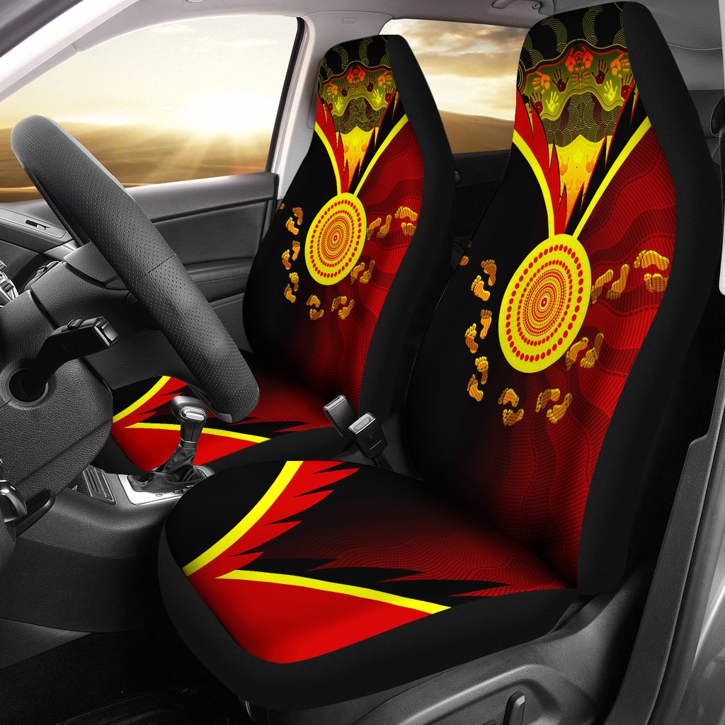 Aboriginal Car Seat Covers - Indigenous Flag With Footprint Hand Art - Vibe Hoodie Shop