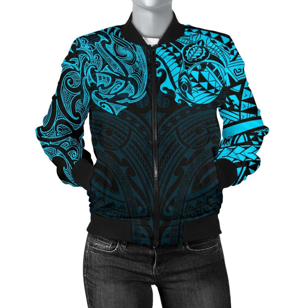 New Zealand Women's Bomber Jacket, Maori Polynesian Tattoo Blue - Vibe Hoodie Shop