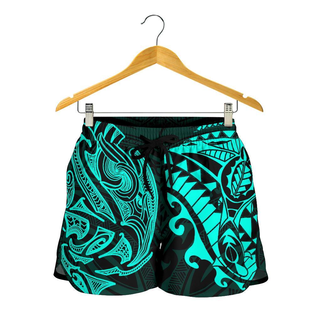 new-zealand-all-over-print-womens-shorts-maori-polynesian-tattoo-turquoise