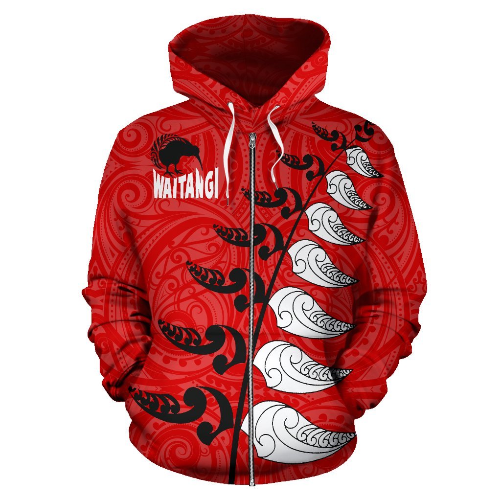 New Zealand Waitangi Day Hoodie, Maori Silver Fern Zip Up Hoodie, Red Style - Vibe Hoodie Shop