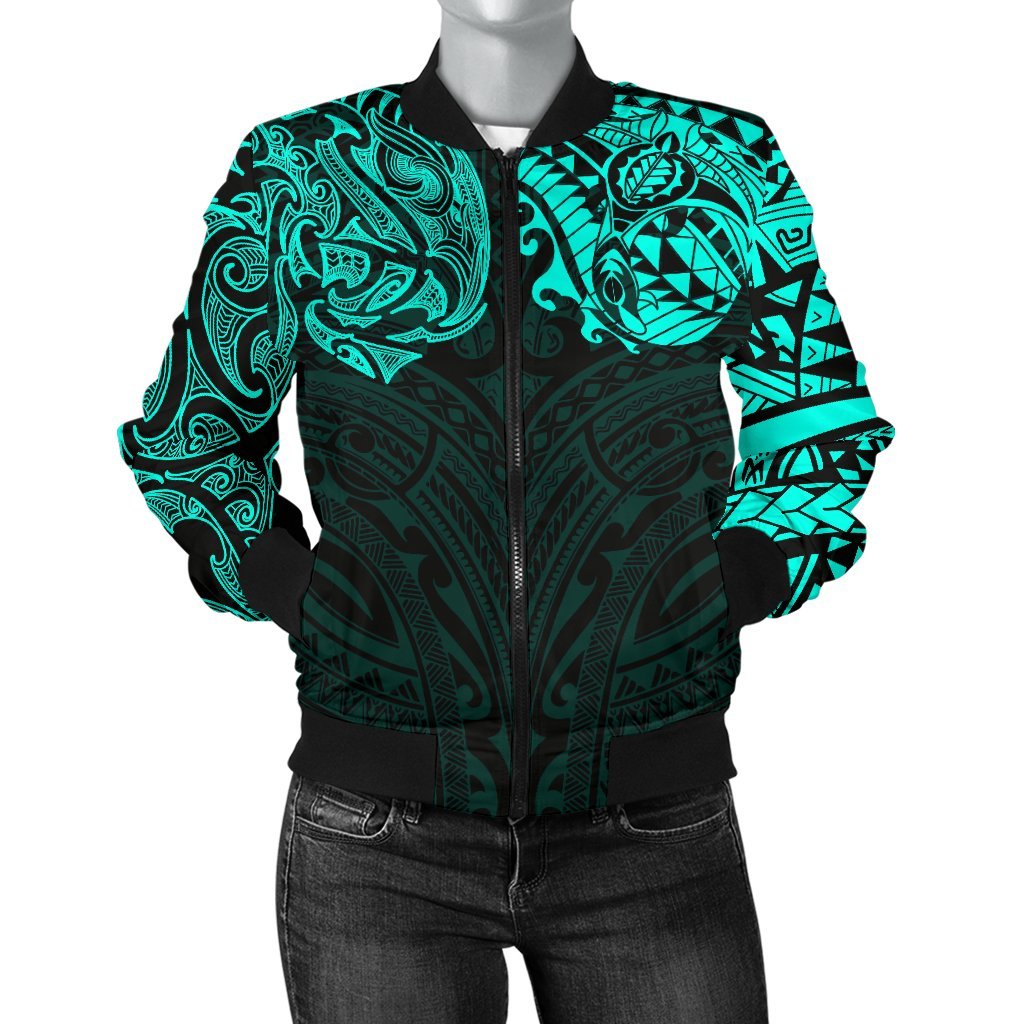 New Zealand Women's Bomber Jacket, Maori Polynesian Tattoo Turquoise - Vibe Hoodie Shop