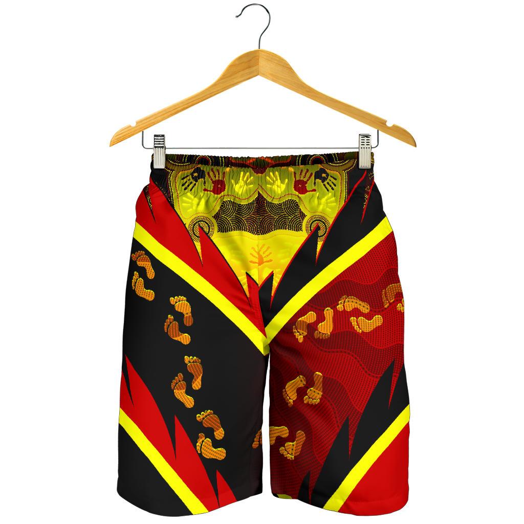 Aboriginal Men's Shorts - Indigenous Flag With Footprint Hand Art - Vibe Hoodie Shop