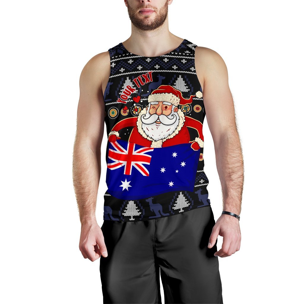 Christmas Personalised Men's Tank Top - Australia Santa Claus Hold The Flag (Black) - Vibe Hoodie Shop