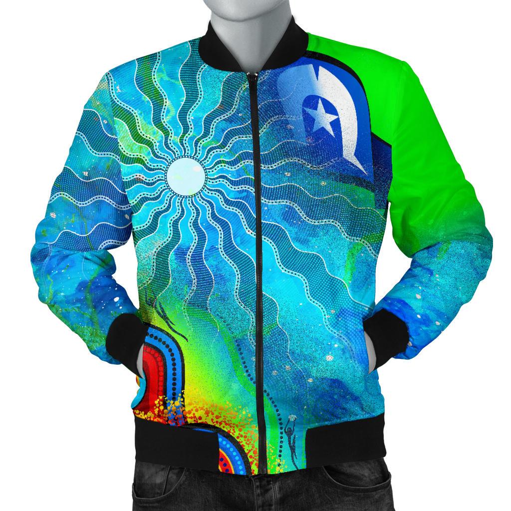 Men's Bomber Jacket - Torres Strait Islanders Flag with Aboriginal Patterns Jacket - Vibe Hoodie Shop