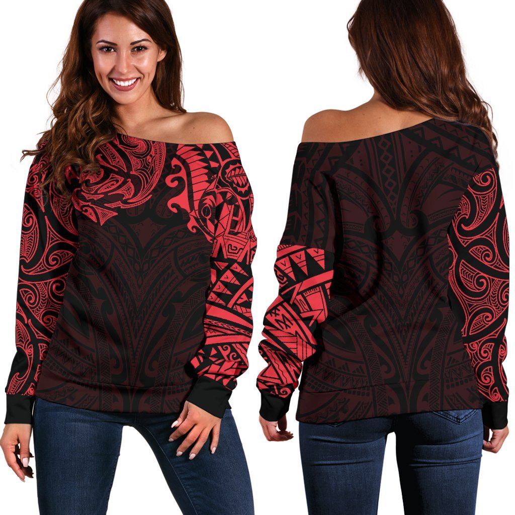 New Zealand Women's Off Shoulder Sweater, Maori Polynesian Tattoo Red - Vibe Hoodie Shop