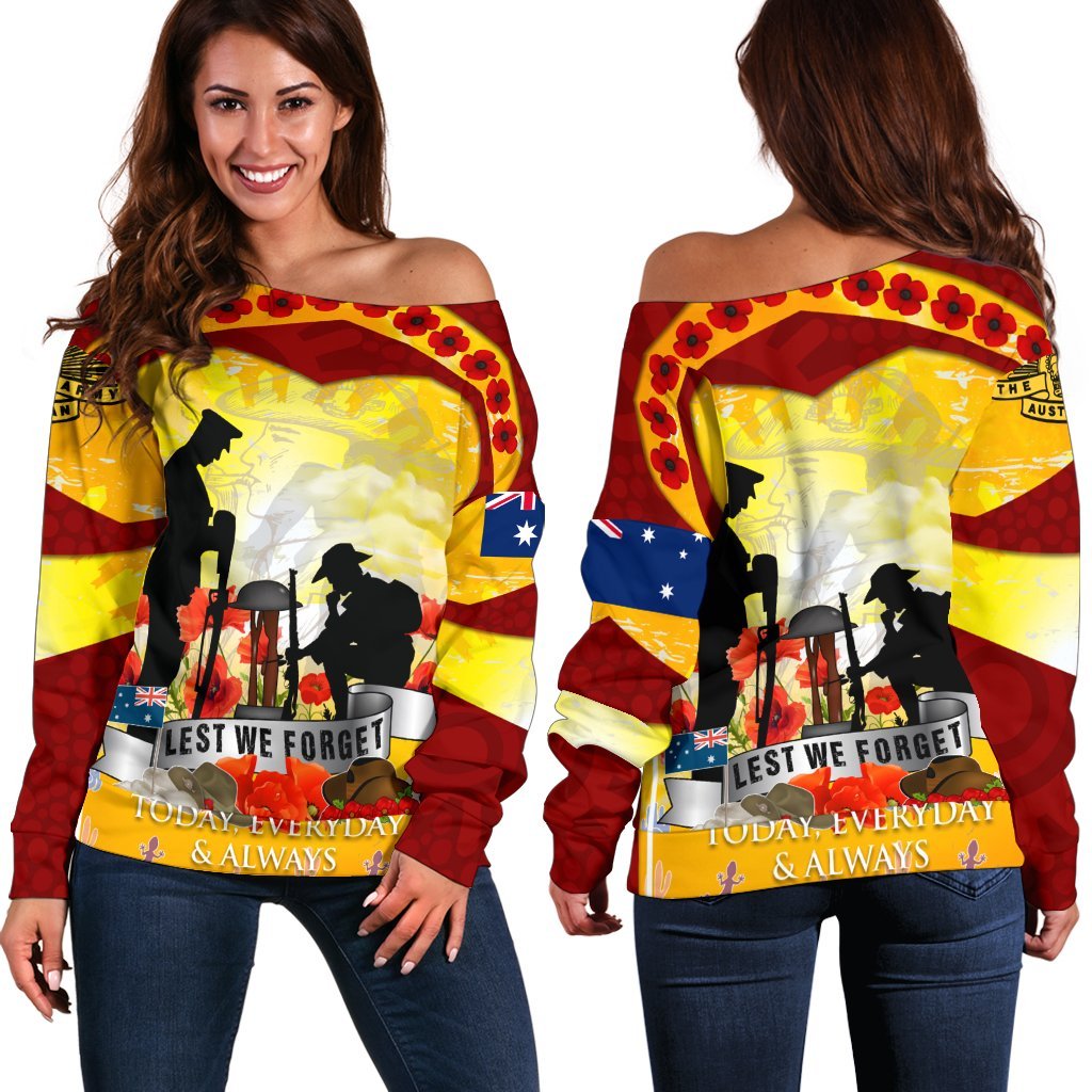 ANZAC Women's Off Shoulder Sweater - Lest We Forget Aboriginal Version - Vibe Hoodie Shop