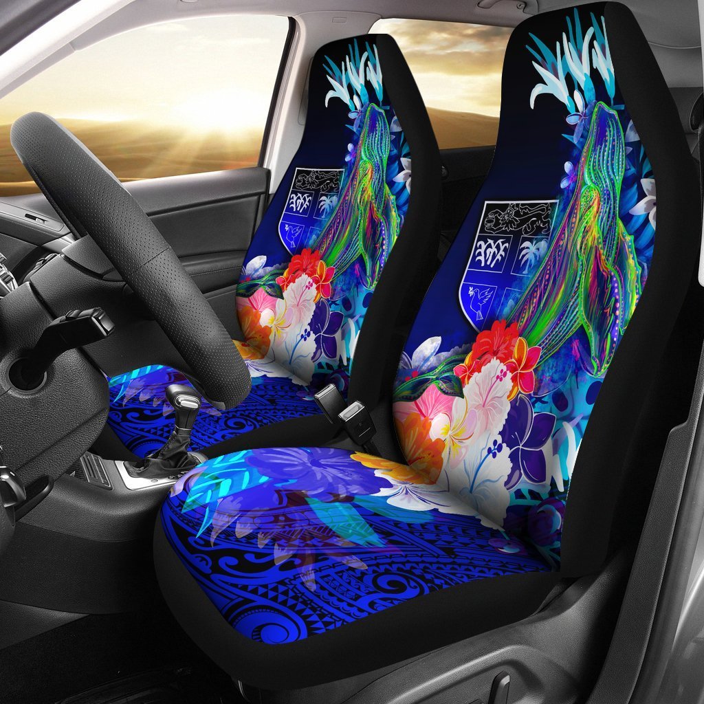 Fiji Car Seat Covers - Humpback Whale with Tropical Flowers (Blue) - Vibe Hoodie Shop