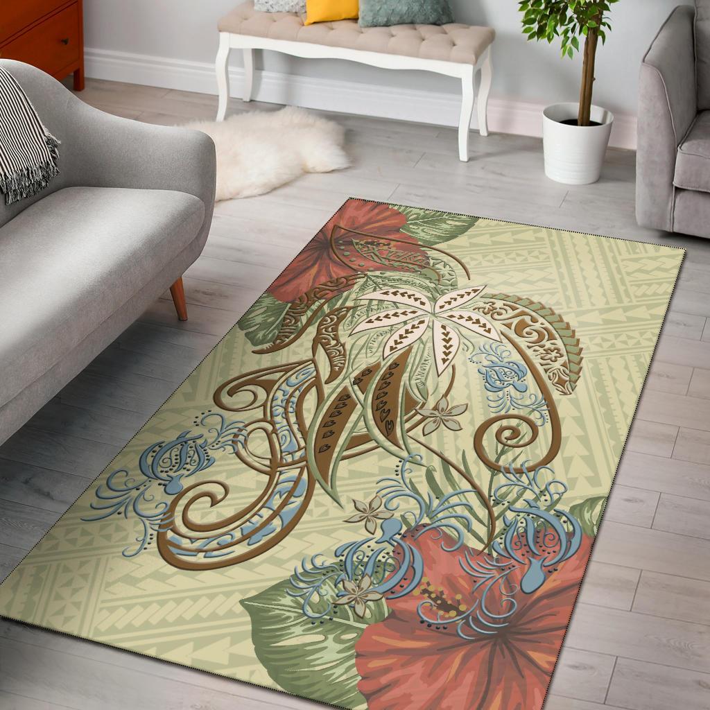 Polynesian Tribal Turtle Flowers Area Rug - Canary - Vibe Hoodie Shop