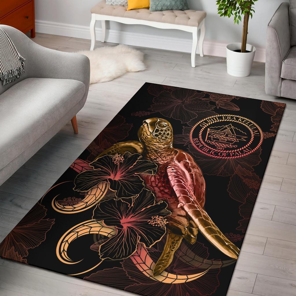 Palau Polynesian Area Rugs - Turtle With Blooming Hibiscus Gold - Vibe Hoodie Shop