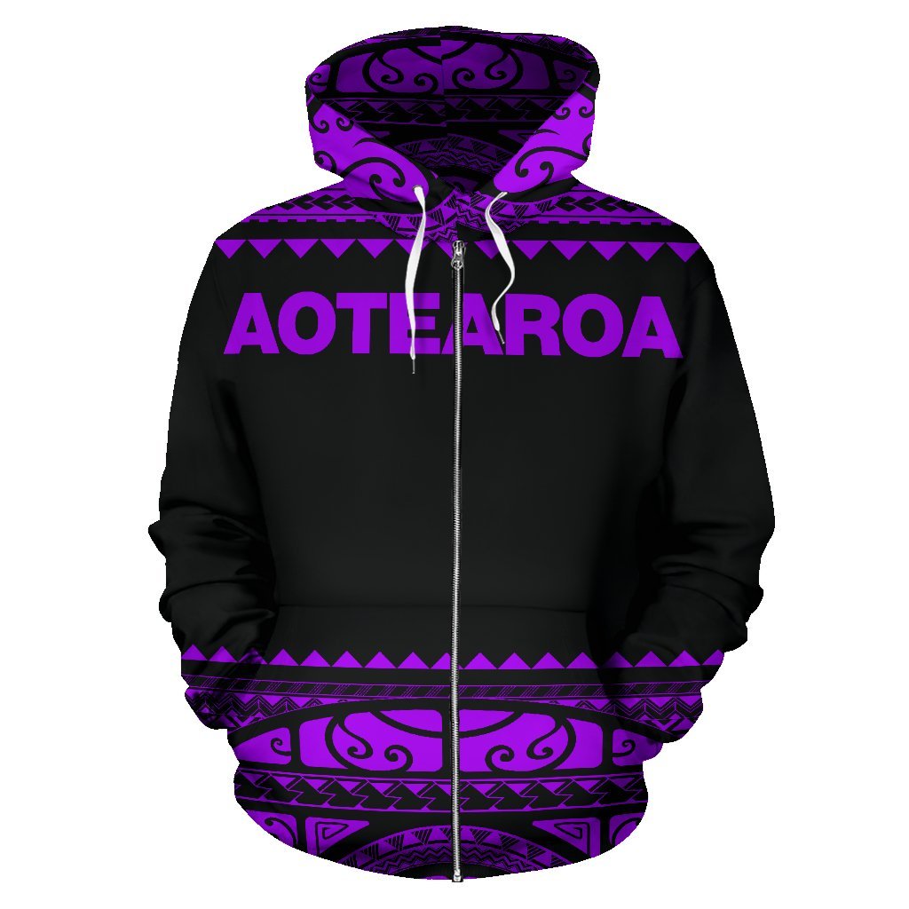 New Zealand Maori Zip Up Hoodie, Aotearoa Silver Fern Zipper Hoodie Purple - Vibe Hoodie Shop