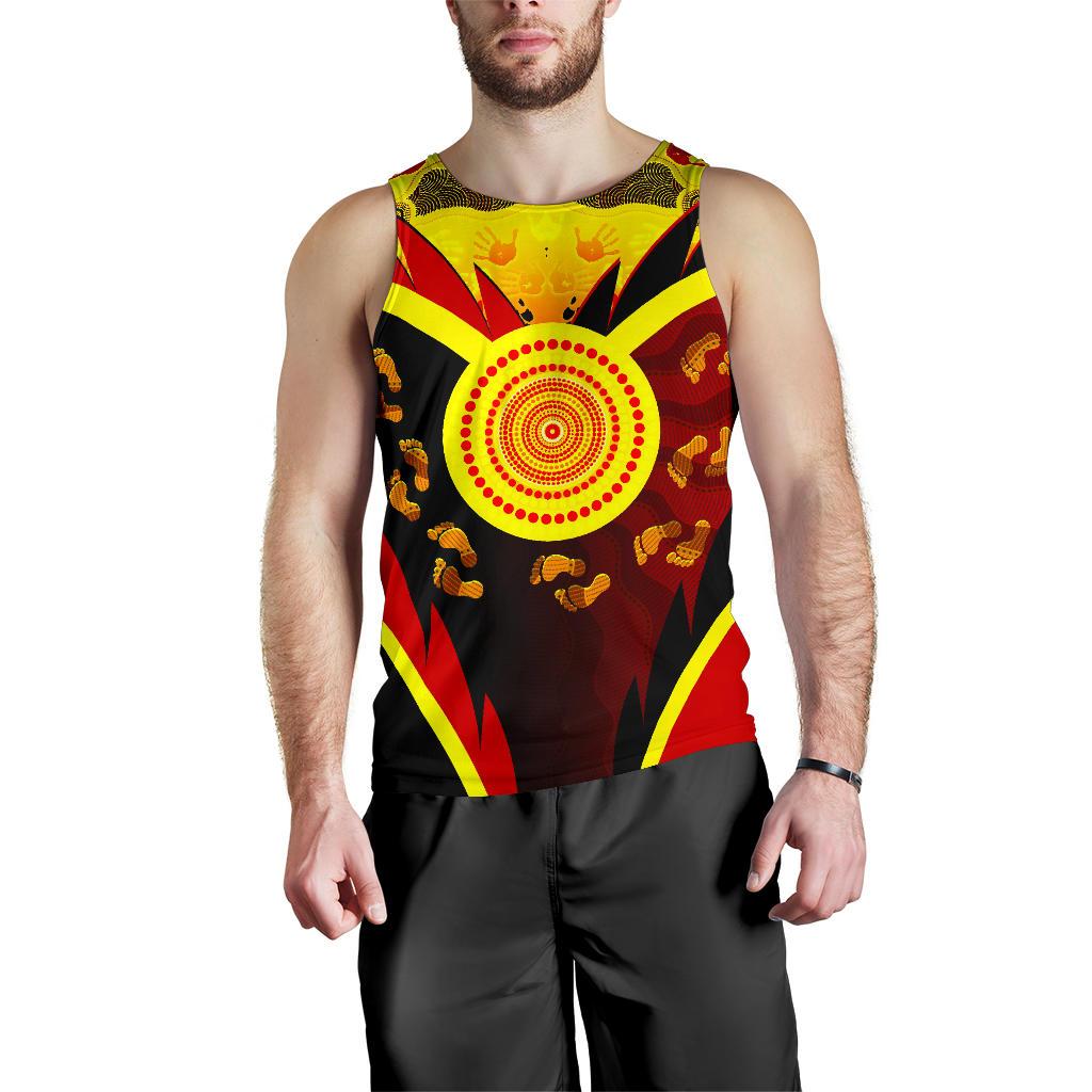 Aboriginal Men's Tank Top - Indigenous Flag With Footprint Hand Art - Vibe Hoodie Shop