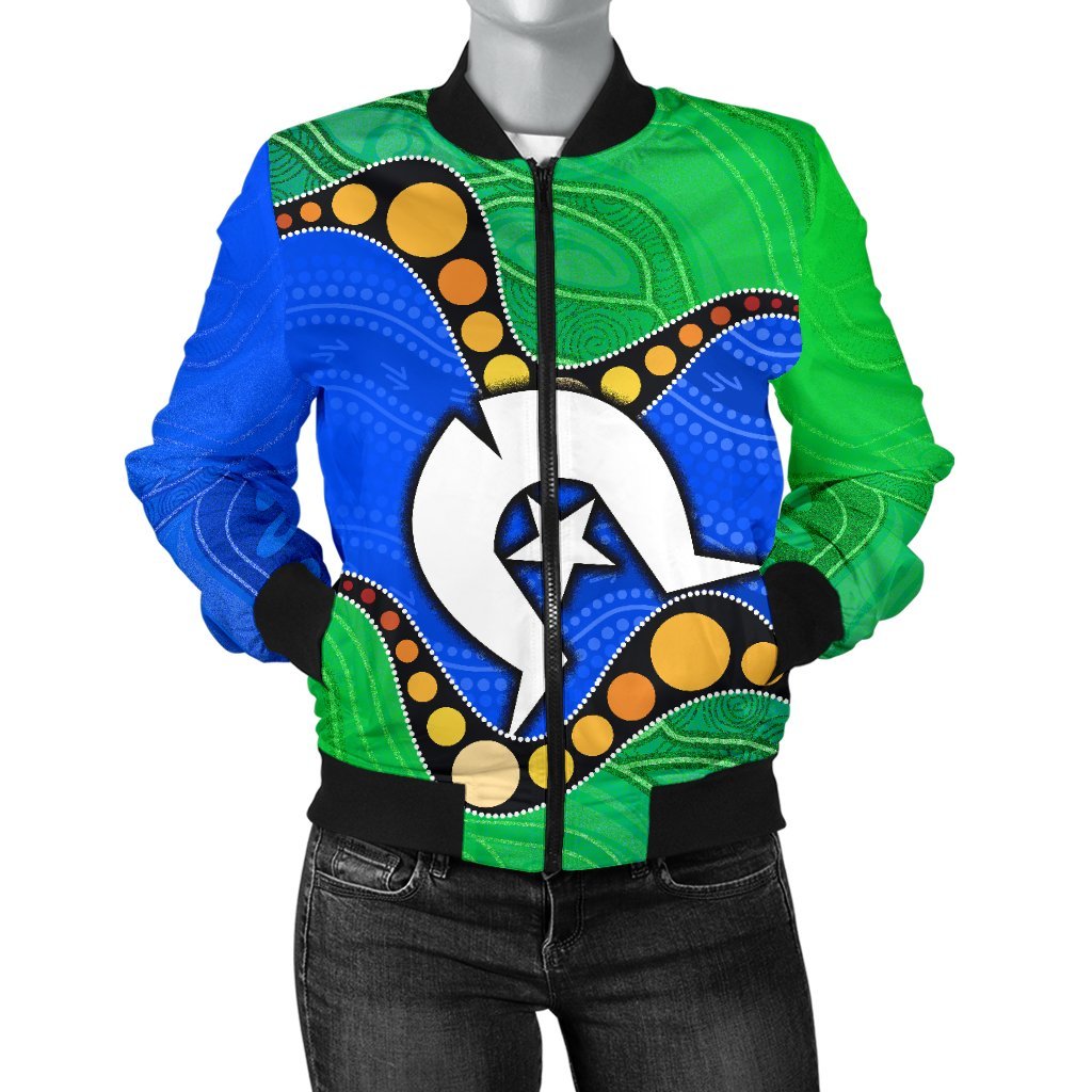 Torres Strait Islands Women's Bomber Jacket - Flag with Aboriginal Patterns - Vibe Hoodie Shop