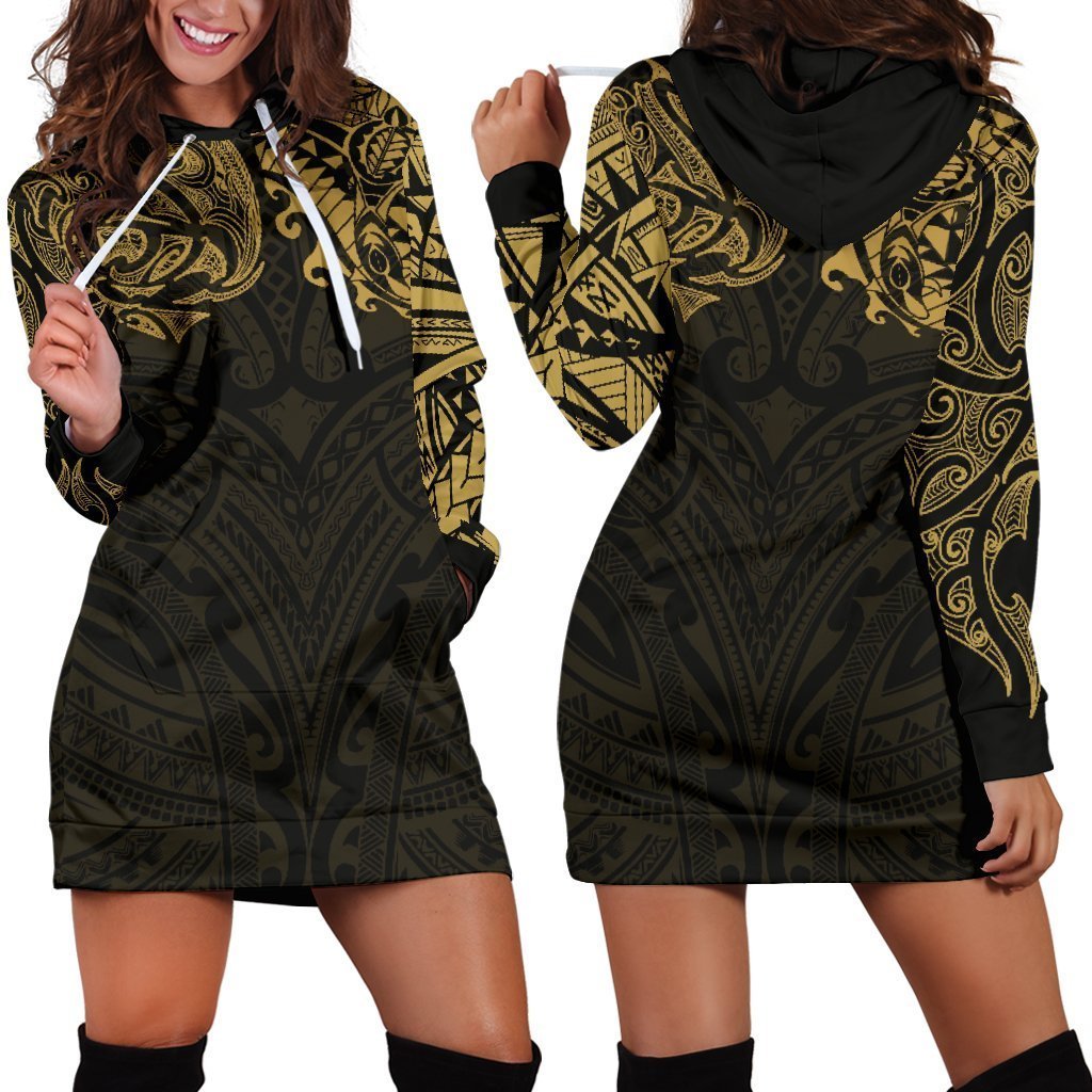 New Zealand Women's Hoodie Dress, Maori Polynesian Tattoo Gold - Vibe Hoodie Shop