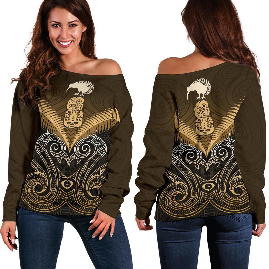 Maori Manaia New Zealand Off Shoulder Sweater Gold - Vibe Hoodie Shop