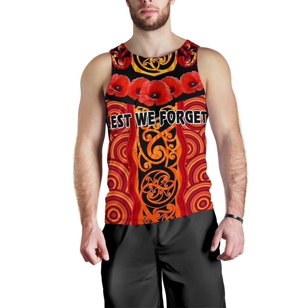 ANZAC Lest We Forget Poppy Men Tank Top New Zealand Maori Silver Fern - Australia Aboriginal - Vibe Hoodie Shop