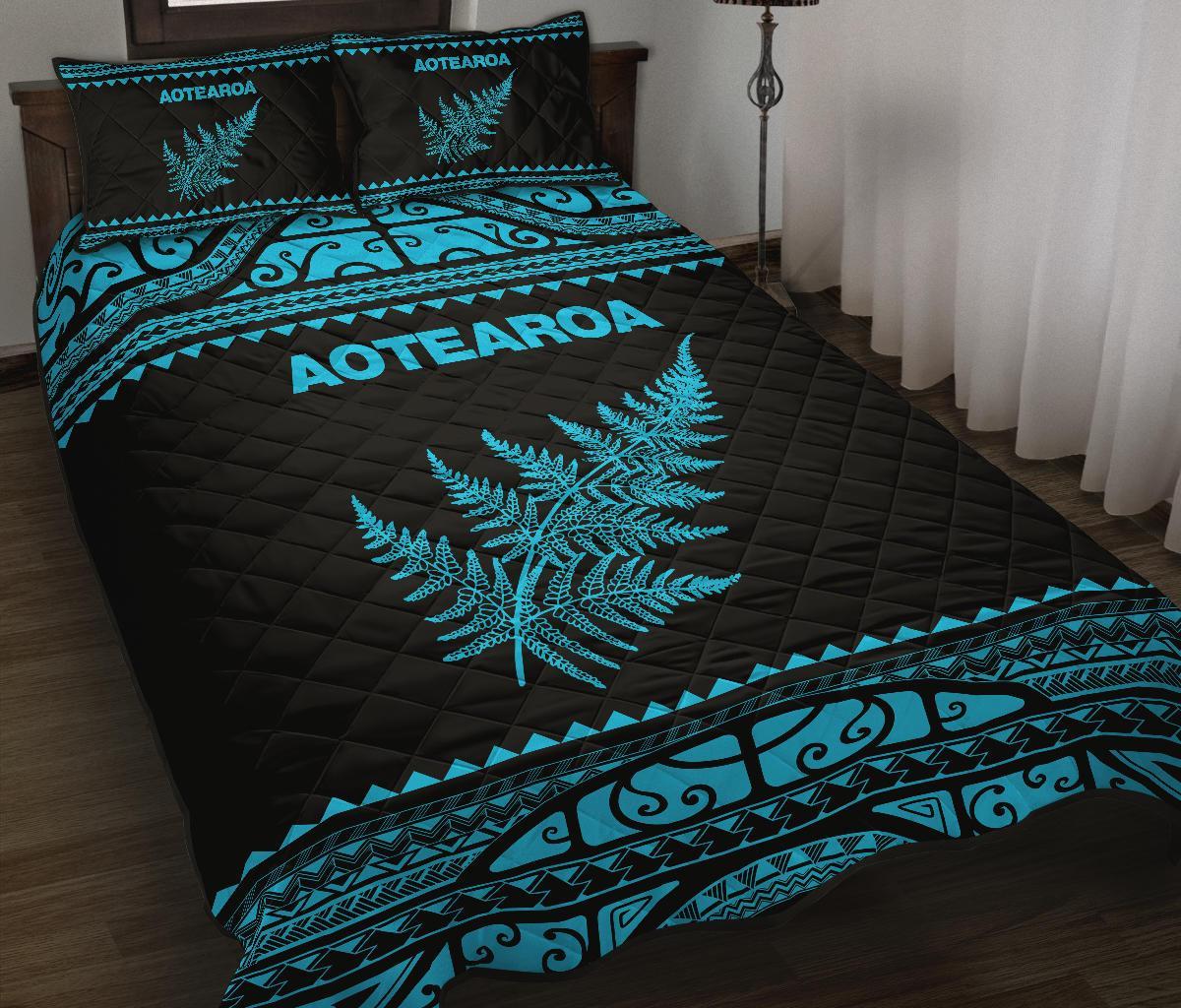 Aotearoa New Zealand Maori Quilt Bed Set Silver Fern Blue - Vibe Hoodie Shop