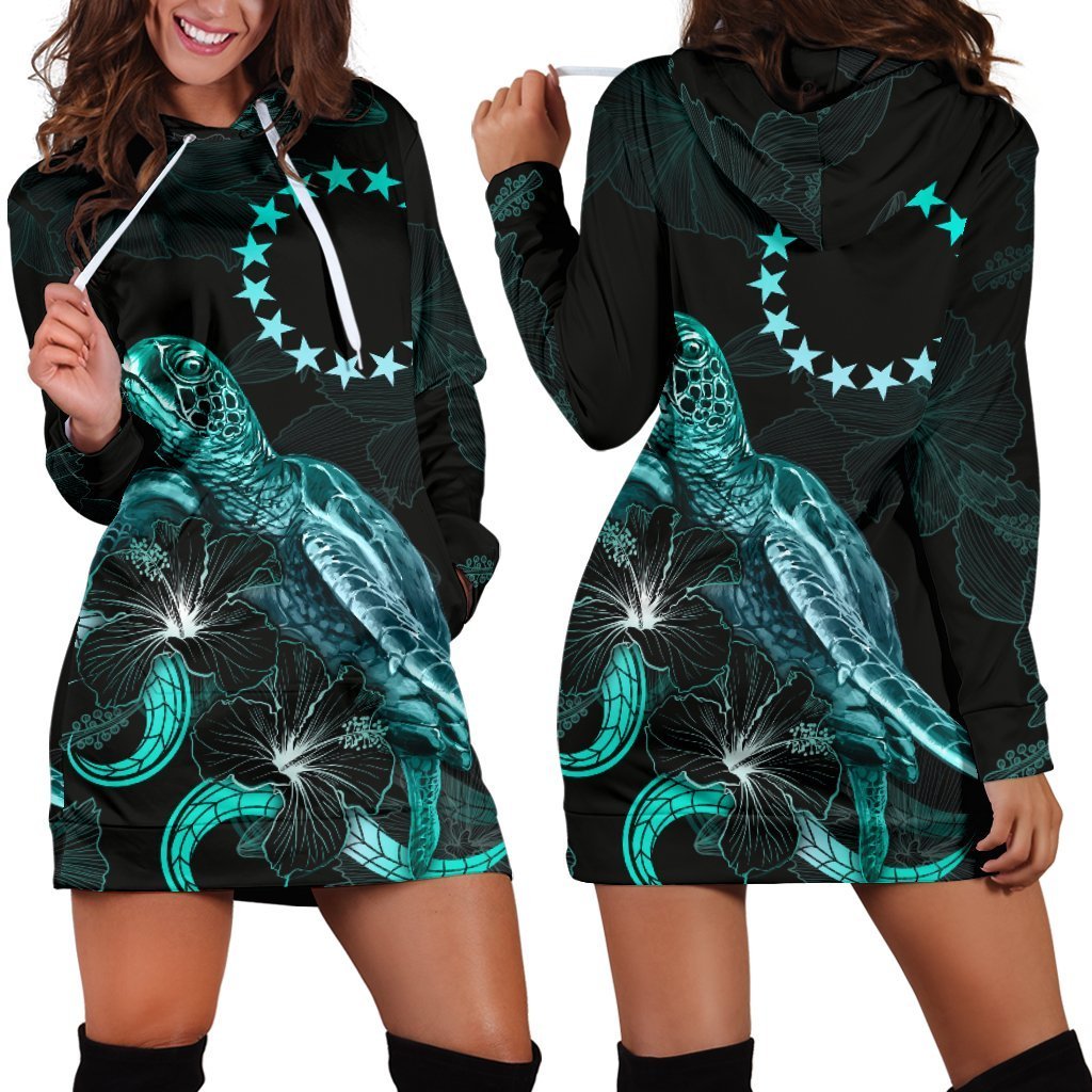 Cook Islands Polynesian Hoodie Dress - Turtle With Blooming Hibiscus Turquoise - Vibe Hoodie Shop