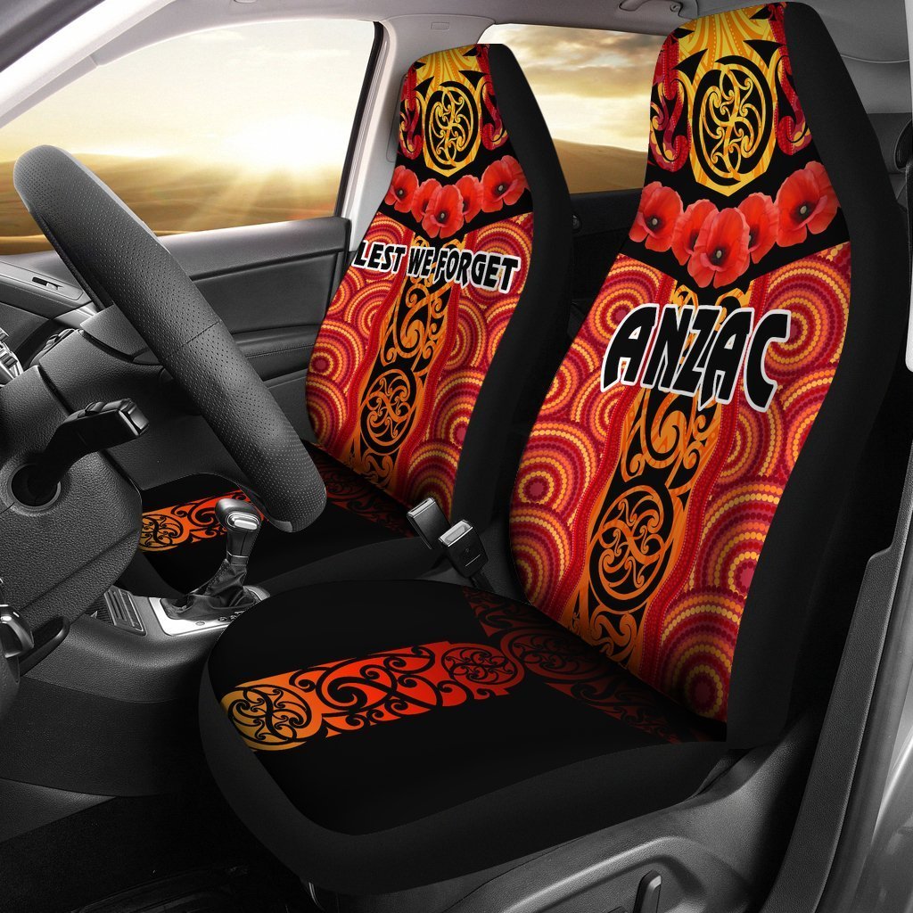 ANZAC Lest We Forget Poppy Car Seat Covers New Zealand Maori Silver Fern - Australia Aboriginal - Vibe Hoodie Shop