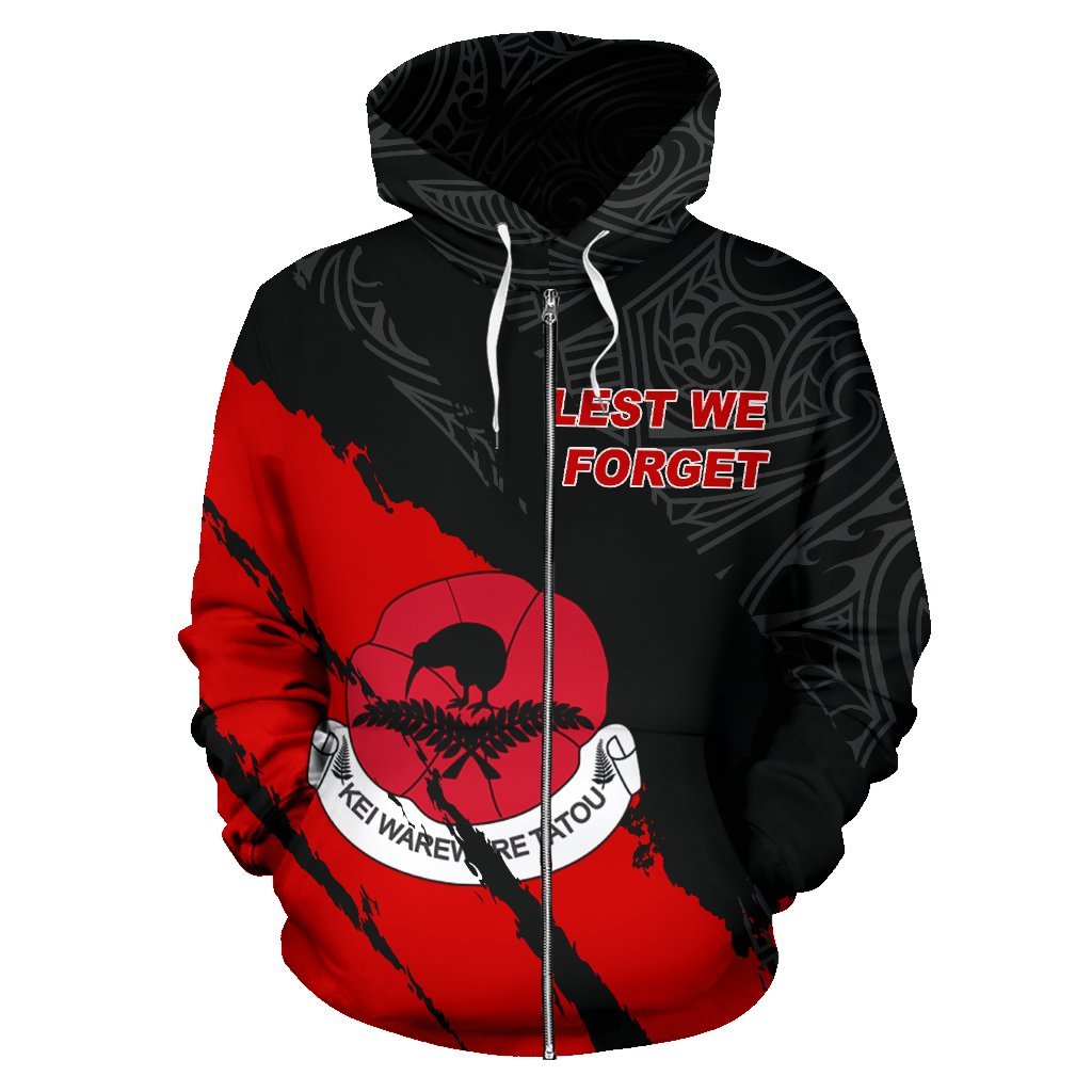 ANZAC Day New Zealand Zip Hoodie, Kiwi Ferns Maori Full Zip Hoodie - Vibe Hoodie Shop