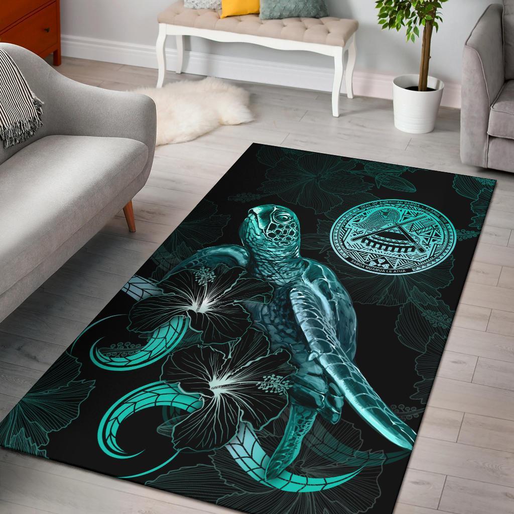 American Samoa Polynesian Area Rugs - Turtle With Blooming Hibiscus Turquoise - Vibe Hoodie Shop