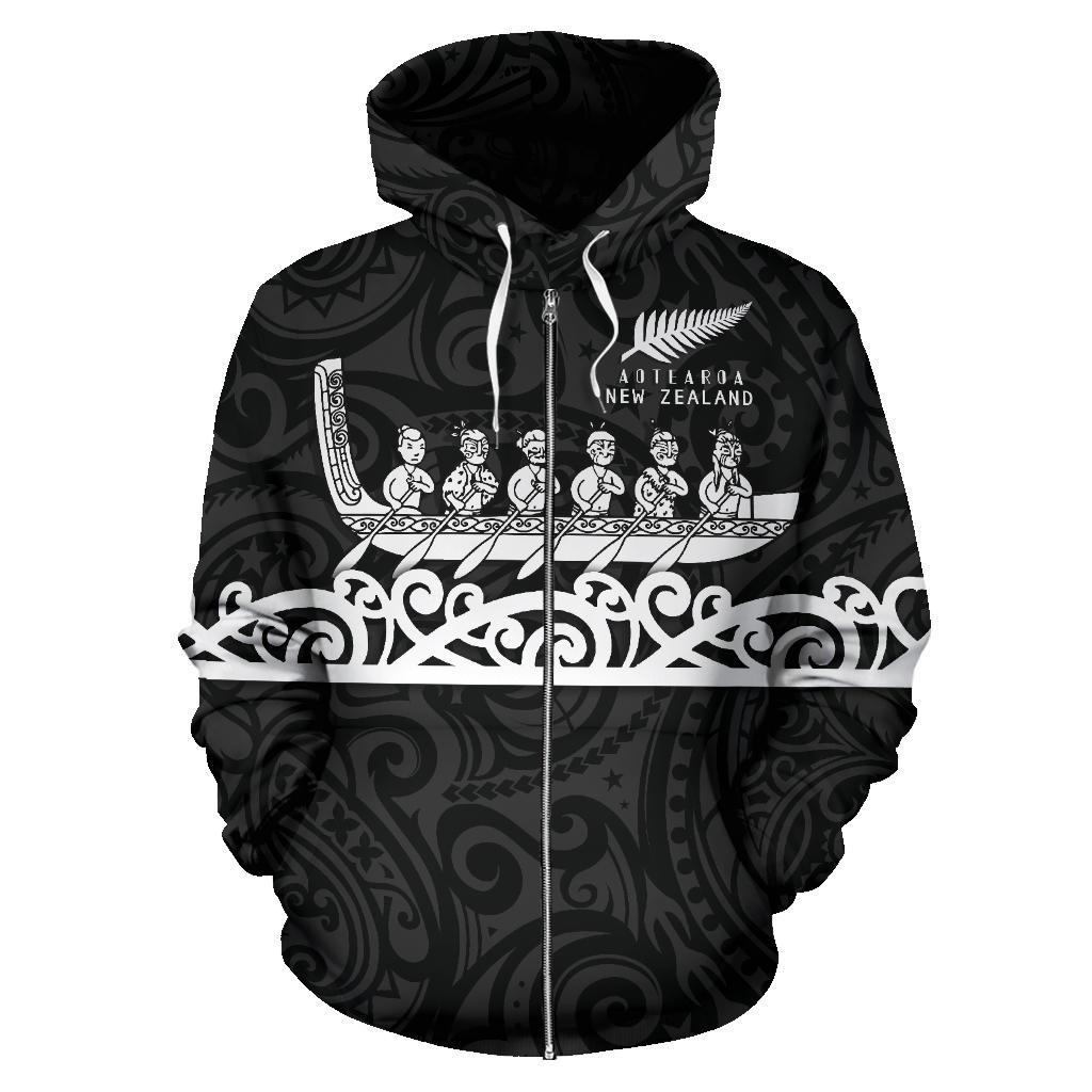 New Zealand Zip Up Hoodie, Maori Waka Zipper Hoodie Black - Vibe Hoodie Shop