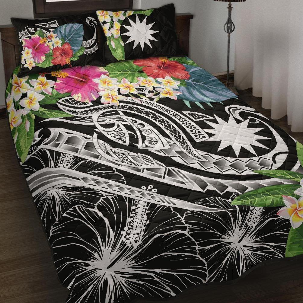 Nauru Polynesian Quilt Bed Set - Summer Plumeria (Black) - Vibe Hoodie Shop