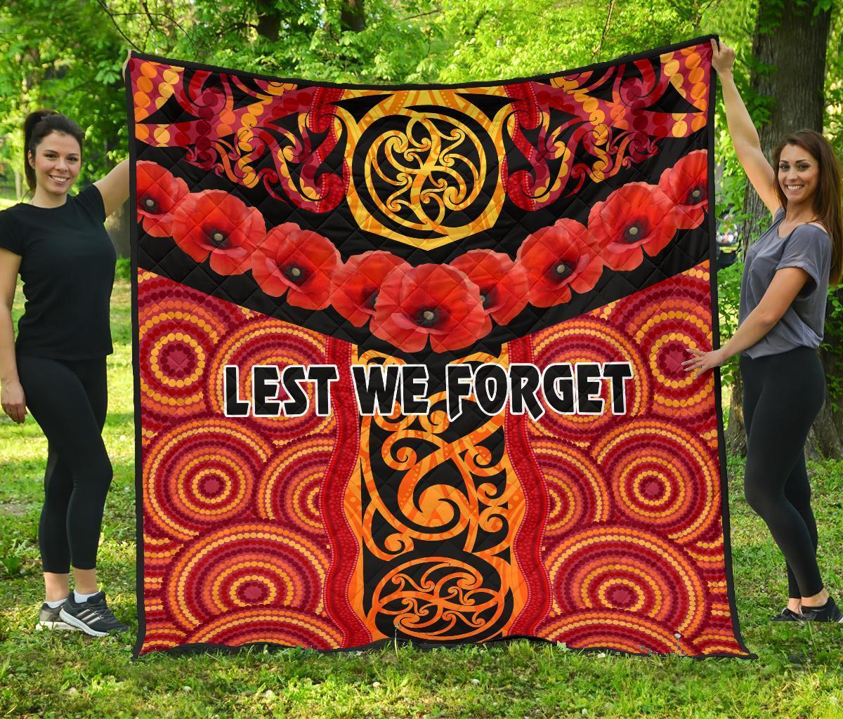 ANZAC Lest We Forget Poppy Premium Quilt New Zealand Maori Silver Fern - Australia Aboriginal - Vibe Hoodie Shop