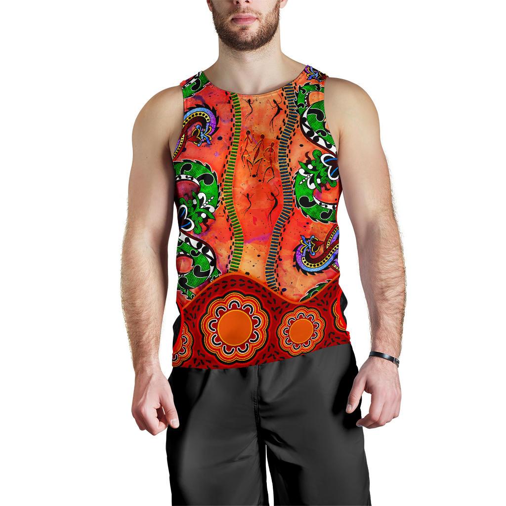 Aboriginal Men's Tank Top - Aussie Indigenous Patterns Orange - Vibe Hoodie Shop