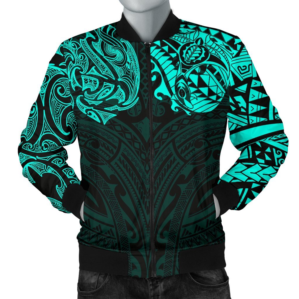 New Zealand Men's Bomber Jacket, Maori Polynesian Tattoo Turquoise - Vibe Hoodie Shop