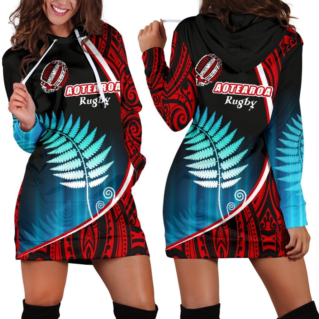 Aotearoa Rugby Black Maori Women Hoodie Dress Kiwi and Silver Fern New Zealand - Vibe Hoodie Shop