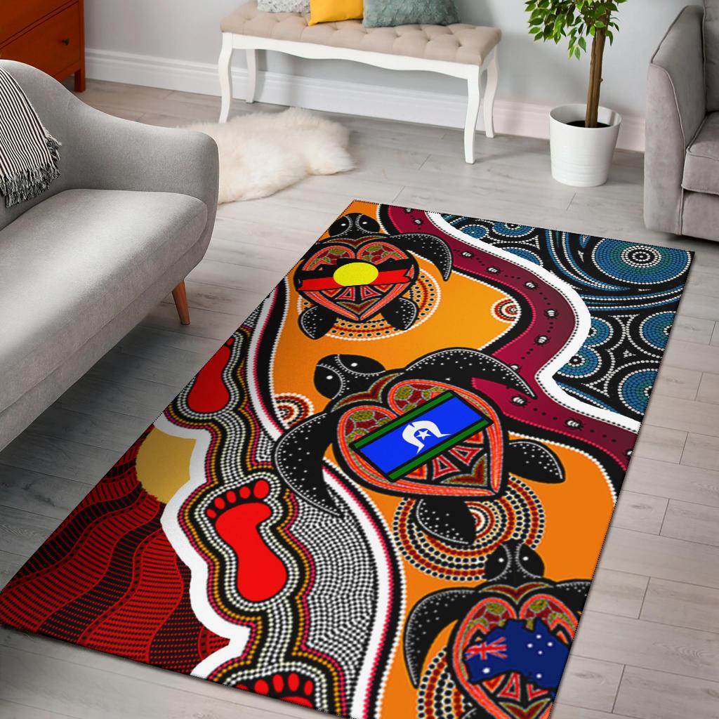 Area Rug - Australia Aboriginal Dots With Turtle and NAIDOC Flags - Vibe Hoodie Shop