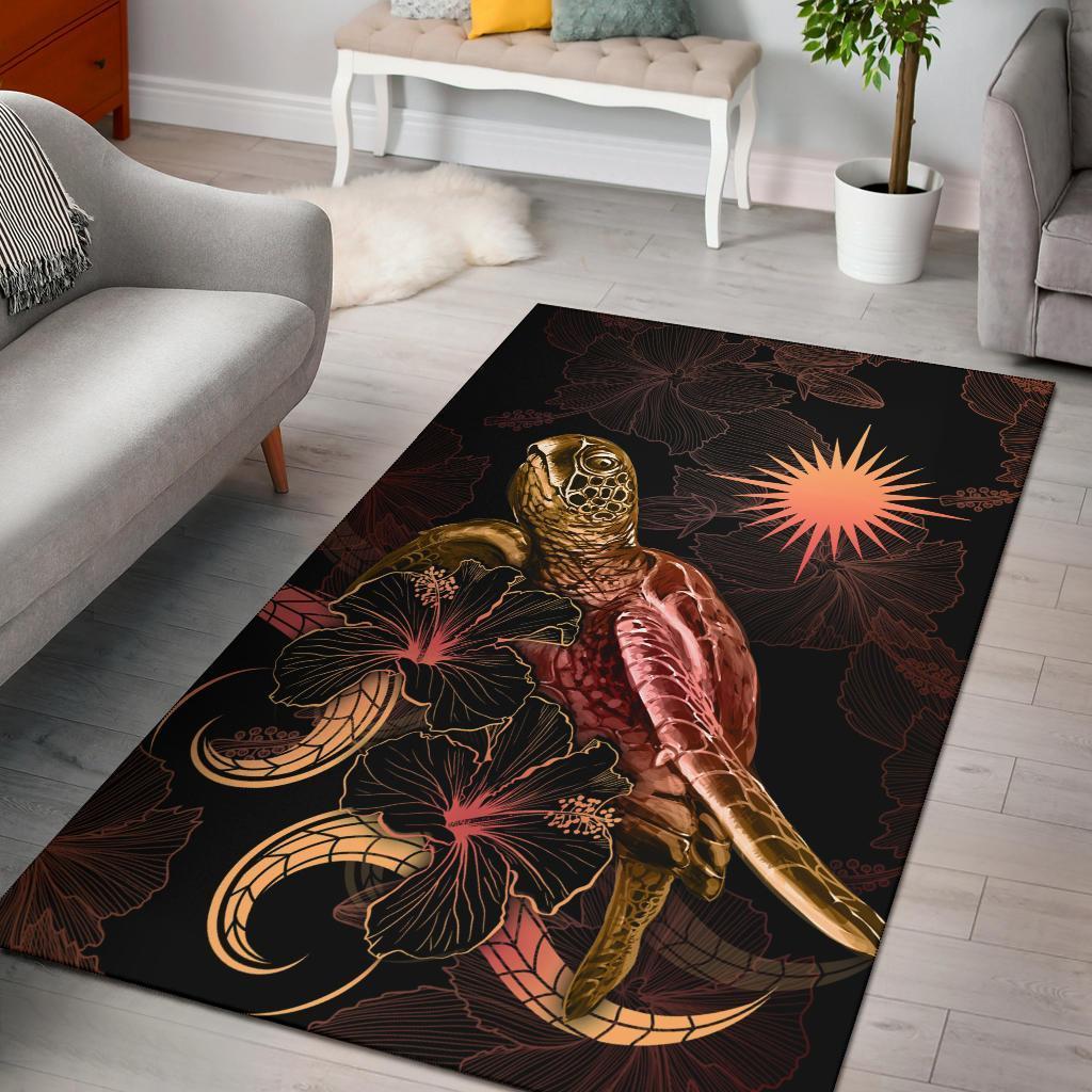 Marshall Islands Polynesian Area Rugs - Turtle With Blooming Hibiscus Gold - Vibe Hoodie Shop