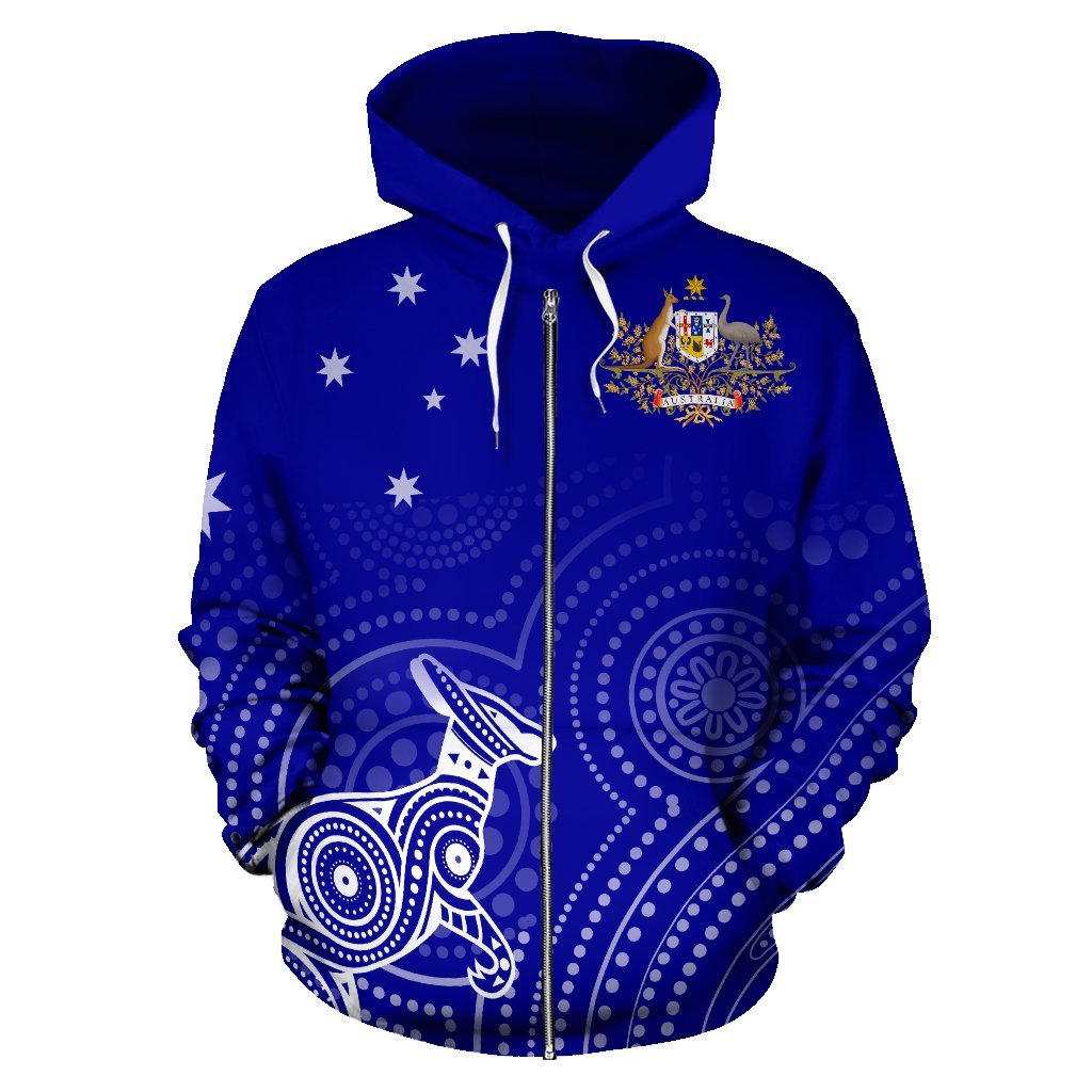 Aboriginal Zip Up Hoodie, Kangaroo Dot Painting Australian Coat Of Arms - Vibe Hoodie Shop