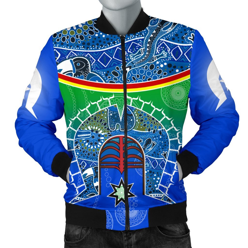 Men;s Bomber Jacket - Torres Strait Symbol With Aboriginal Patterns - Vibe Hoodie Shop