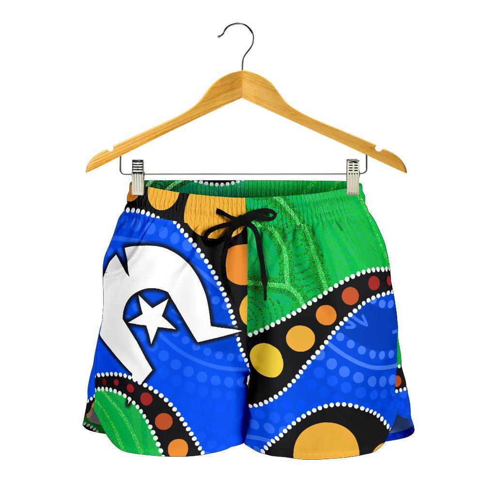 torres-strait-islands-all-over-print-womens-shorts-flag-with-aboriginal-patterns