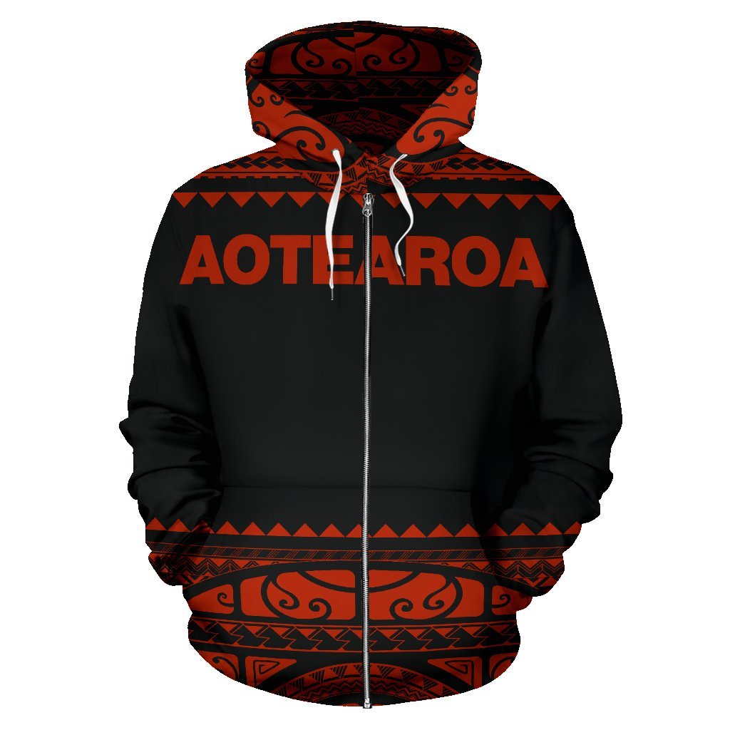 New Zealand Maori Zip Up Hoodie, Aotearoa Silver Fern Zipper Hoodie - Orange Red - Vibe Hoodie Shop