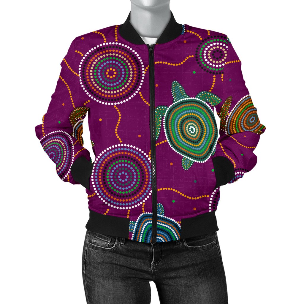Women Bomber Jacket - Aboriginal Turtle Purple Australia Dot Patterns - Vibe Hoodie Shop