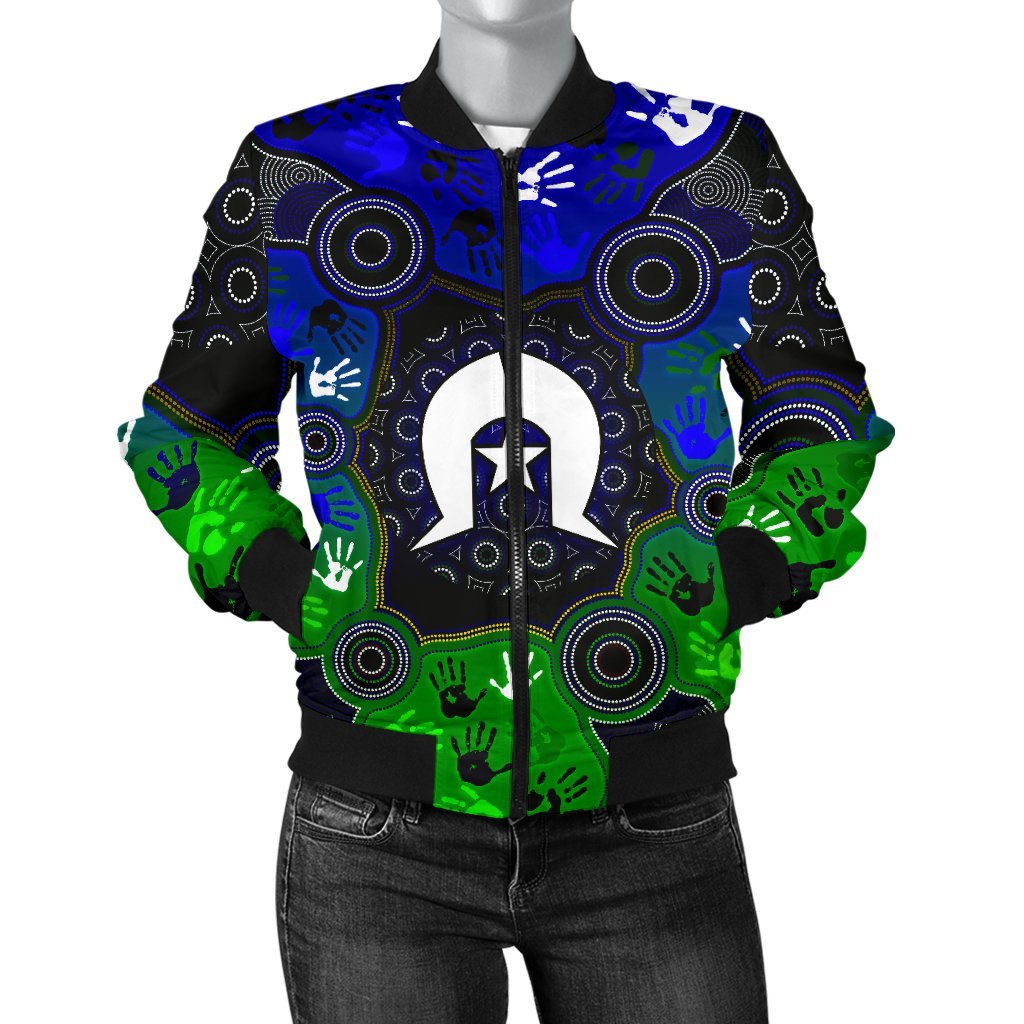 Aboriginal Women's Bomber Jacket - Torres Strait Symbol With Indigenous Patterns - Vibe Hoodie Shop