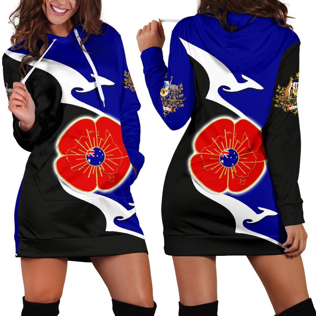 ANZAC Hoodie Dress - Lest We Forget Poppy Map Kangaroo Blue - Vibe Hoodie Shop