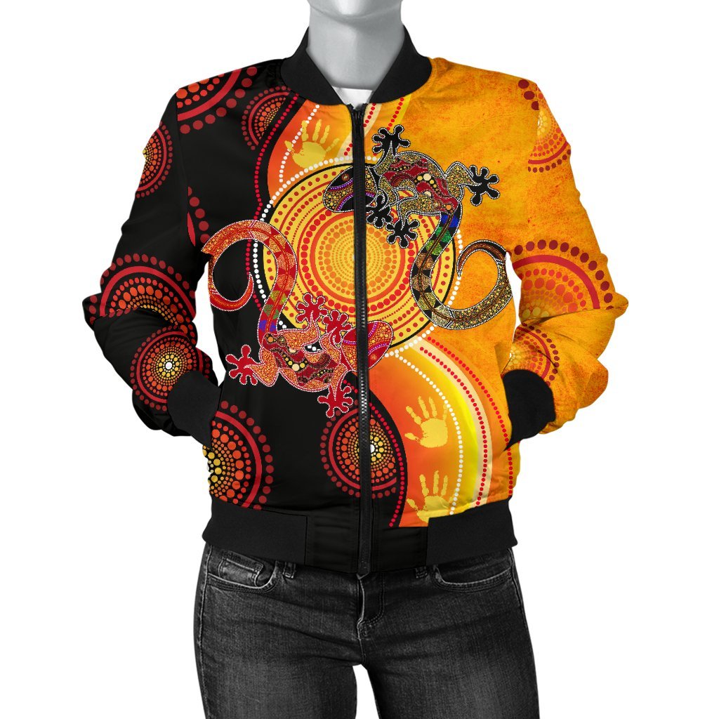 Aboriginal Women's Bomber Jacket - Couple Aboriginal Lizards - Vibe Hoodie Shop