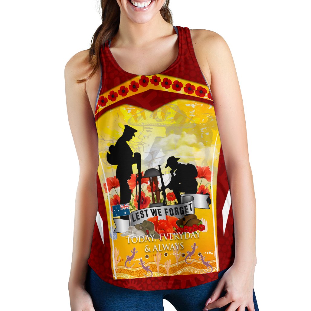 ANZAC Women's Racerback Tank - Lest We Forget Aboriginal Version - Vibe Hoodie Shop