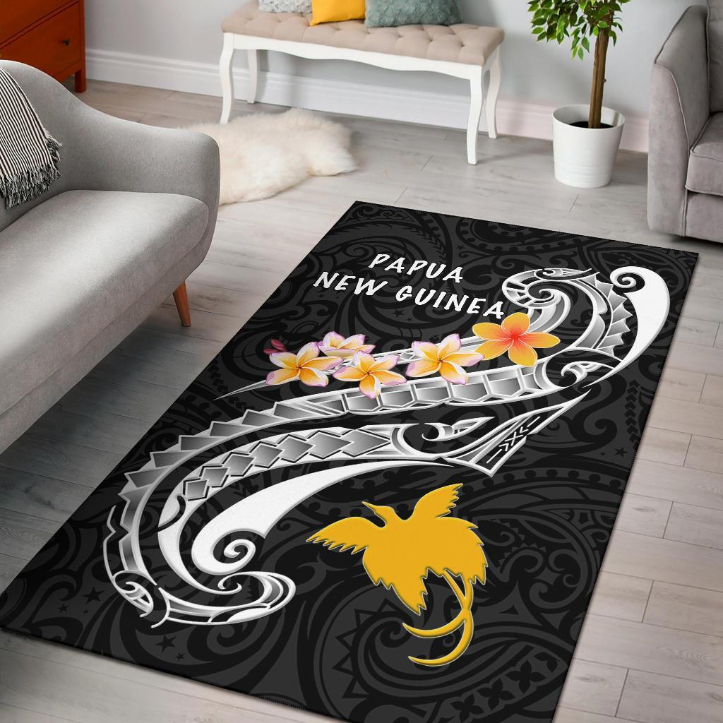 Papua New Guinea Area Rug - PNG Seal Polynesian Patterns Plumeria (Black) - Vibe Hoodie Shop