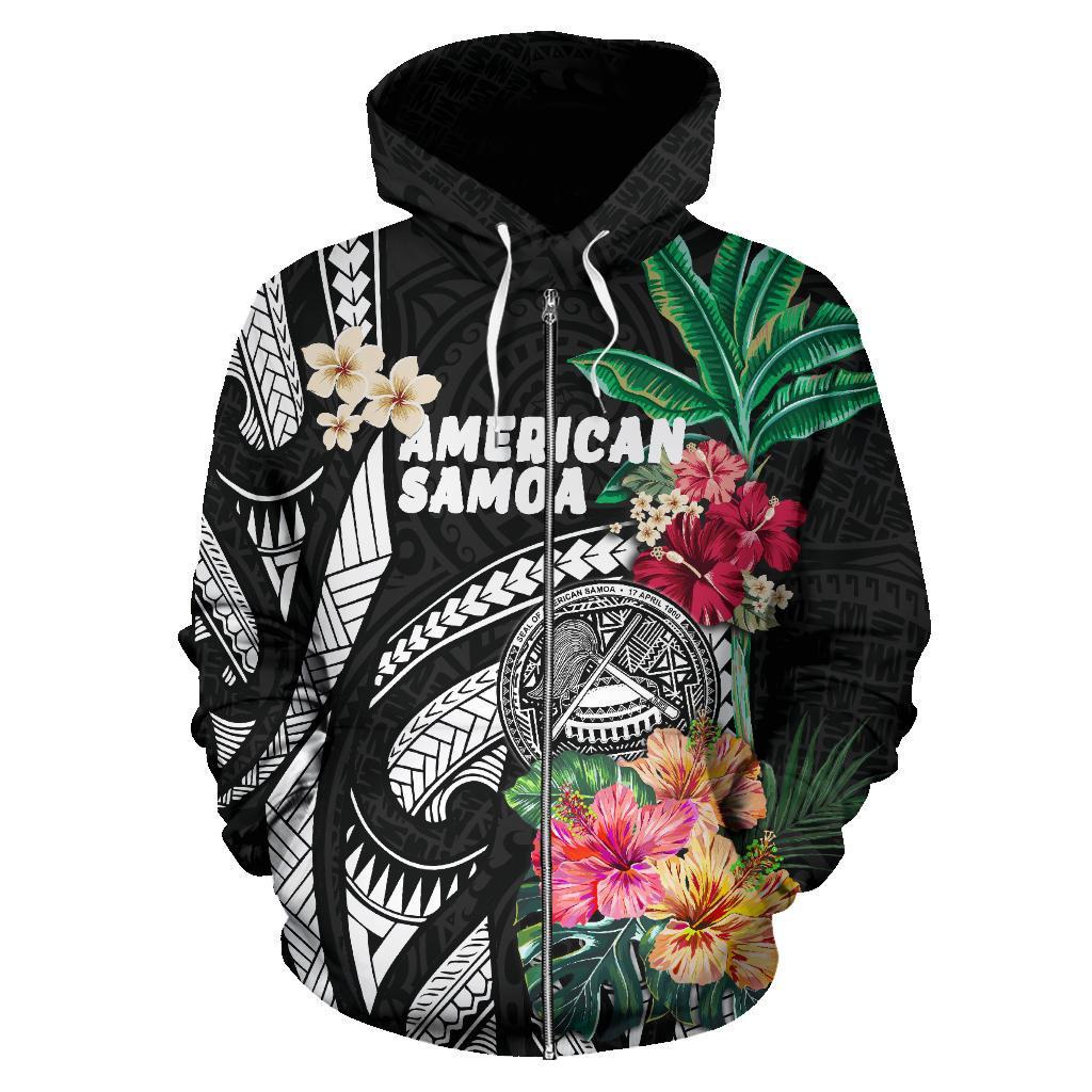 American Samoa All Over Zip - Up Hoodie Coat Of Arms Polynesian With Hibiscus - Vibe Hoodie Shop