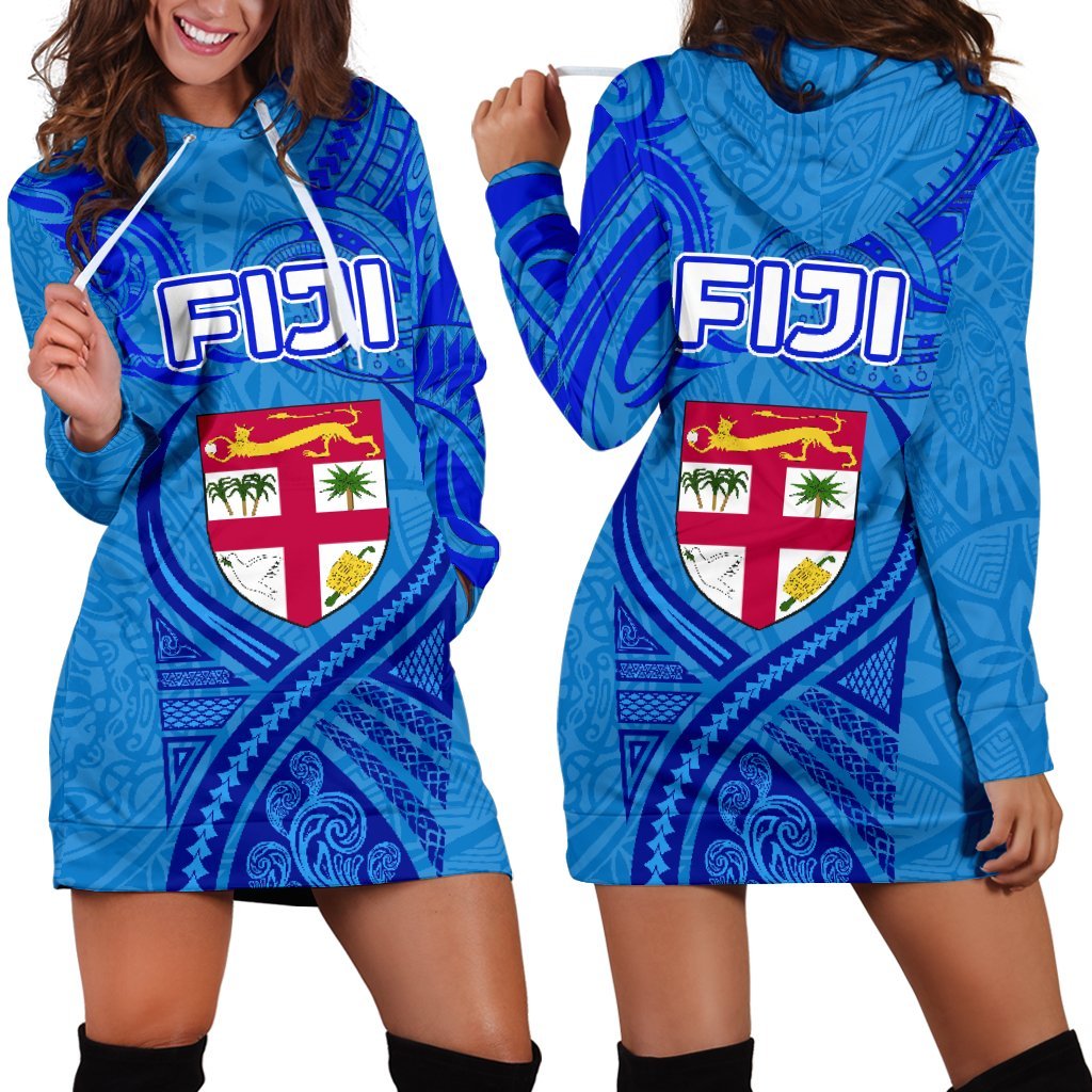 Blue Women Hoodie Dress Fiji Rugby Polynesian Waves Style - Vibe Hoodie Shop